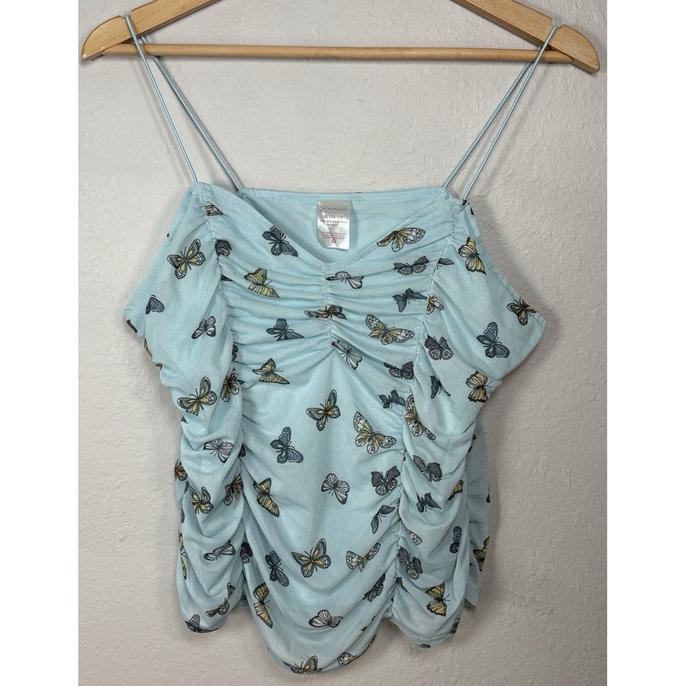 Butterfly Mesh Ruched Cami Tank Top Juniors XL‎ Y2K Fairy Grunge Festival Crop